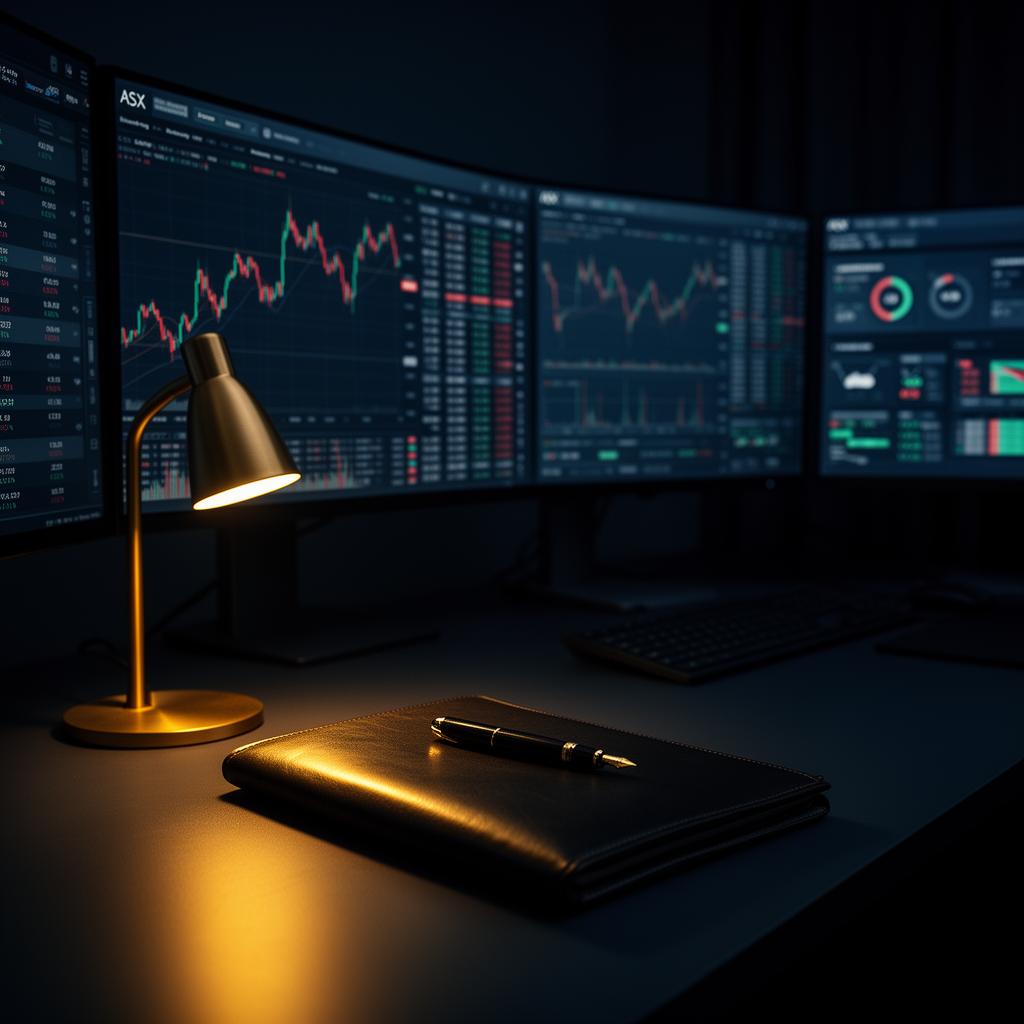 Professional investor workspace with ASX charts and research systems