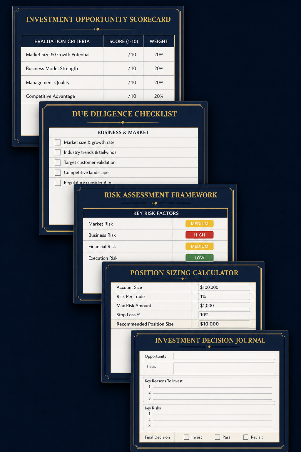 Smart Investor Toolkit: Investment Opportunity Scorecard, Due Diligence Checklist, Risk Assessment Framework, Position Sizing Calculator, and Investment Decision Journal